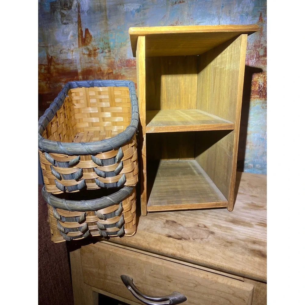 Rustic Wood 2 Tier Storage Organizer with Woven Baskets Natural Blue Grey